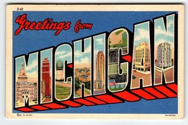 Greetings From Michigan Large Big Letter State Postcard Linen 1940 Curt ... - $77.93