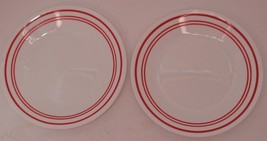 2 Vintage Corelle White Red Stripes 6 3/4&quot; Salad Dessert Plates Made in USA - £14.73 GBP