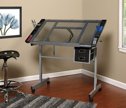 Craft Station Silver Blue Glass Table Drawing Drafting Desk Art Adjustab... - $349.82