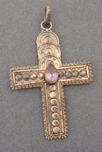 Christian Cross Pendant Sterling Silver Teardrop Amethyst Antique Vintage 2.2&quot; - £31.96 GBP