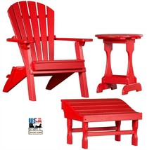 3pc 4 Season Patio Set - Folding Red Adirondack Chair Ottoman &amp; Candy Table Usa - £652.26 GBP