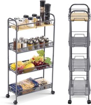 The Kingrack 4-Tier Slim Rolling Cart With Wooden Tabletop, Easy Assemble, Grey. - £34.31 GBP