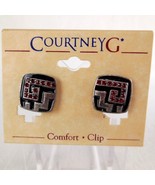Comfort Clip Earrings Courtney G Geometric Red Stones Black Silver Chevron - £7.05 GBP
