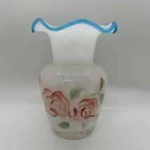 Vtg Fenton White Opalescent Swirl Vase Blue Crest Ruffled Rim Hand Paint... - $23.21