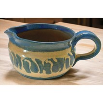 Vintage Art Pottery Creamer Glazed Blue Brown Earthenware 4.25&quot; Diameter Signed - £14.80 GBP