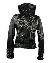 New Woman Black Silver Long Spiked Studded Punk Zippered Biker Leather Jacket - £239.79 GBP