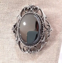 VTG Large Oval Hematite Mirror Brooch-1 1/4&#39;&#39; Stone Faceted edge Silvertone - £17.67 GBP