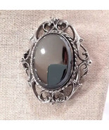 VTG Large Oval Hematite Mirror Brooch-1 1/4&#39;&#39; Stone Faceted edge Silvertone - £17.68 GBP