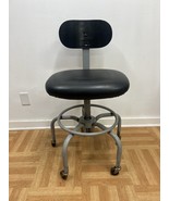 Vintage INDUSTRIAL STOOL drafting bar shop swivel chair metal round Roll... - $79.99