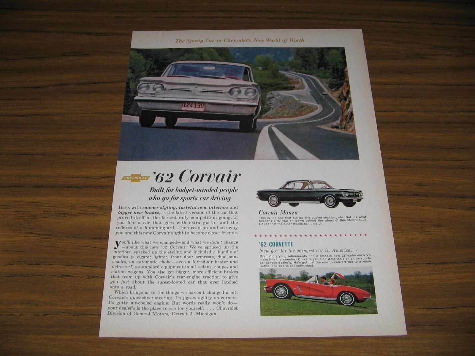 1961 Print Ad The 1962 Chevrolet Corvair Monza & Chevy Corvette - $11.41