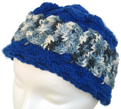 Bright blue hand knit hat with multi-grey cable - £19.16 GBP