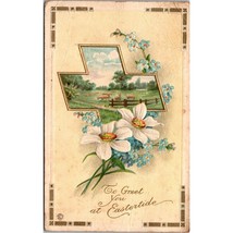 Antique Embossed Easter Greetings Postcard, Church Pastoral Scene Lamb Forget Me - £14.42 GBP