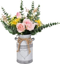 Libwys Metal Flower Vase Milk Can Rustic Style With Rose &amp; Eucalyptus, Pink, 1 - £26.51 GBP