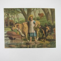 Victorian Trade Card Girl &amp; Cows Cross Water Stream Trees Stones Bufford Boston - £15.71 GBP