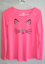 JUSTICE PINK BLACK KITTEN FACE ROUND NECK LONG SLEEVE TEE SZ 14 JUNIOR #... - £7.77 GBP