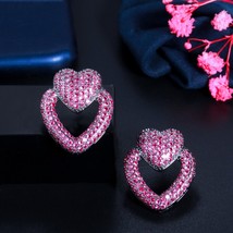 CWWZircon Geometric Double Heart Shape Hot Pink Cubic Zirconia Drop Earrings for - £17.48 GBP