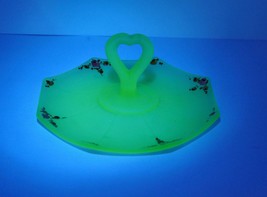 Hand Painted Uranium Vaseline Glass Center Handle Tidbit Tray - £47.95 GBP