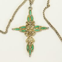 Vintage Gold Tone  Cross Pendant Necklace Green Accents Stones 1.8" w x ... - $19.59