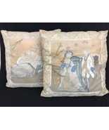 Vintage SIlk  Embroidered Lace Trim Throw Pillows Cotton Colonial Couple... - $493.05 MXN