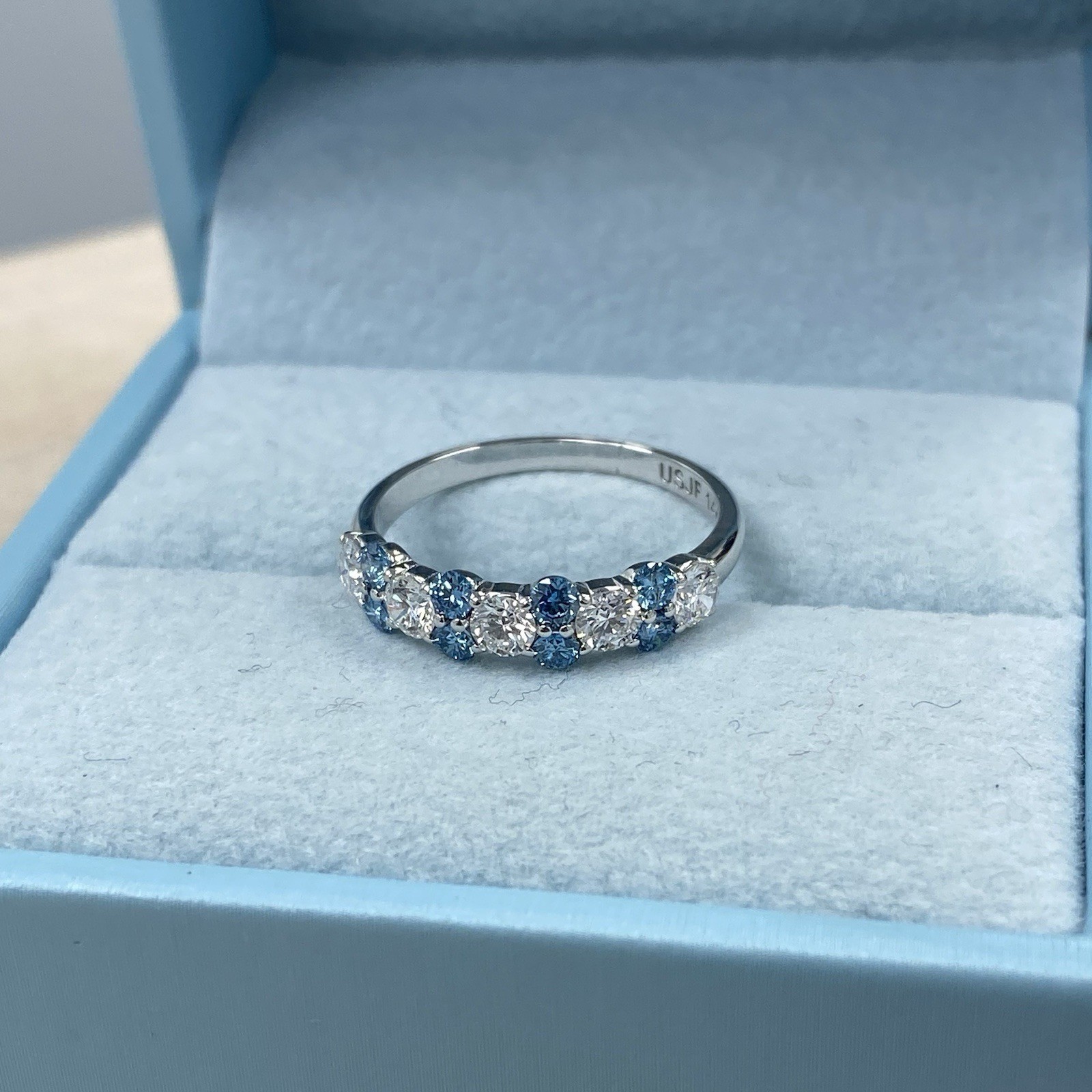 White Blue 1.00 Ct Round Lab Grown Diamond Alternating Wedding Band 14k Gold Item image 3