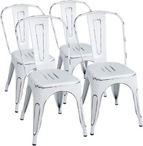 Furmax Metal Dining Chair Indoor Outdoor Use Stackable Chic, Distressed White - $155.97