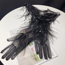 Women Lady Black Lace Feather Long Gloves Gothic Bride Day Of The Dead M... - £25.40 GBP