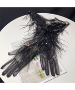 Women Lady Black Lace Feather Long Gloves Gothic Bride Day Of The Dead M... - £25.39 GBP
