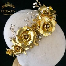 New  Golden Flowers Headpiece Tiara Bigger Custom Made Rhinestones Royal Queen P - £114.98 GBP