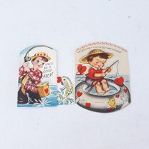 Boys Fishing Two Valentine Cards Vintage Hearts Kitsch - £15.50 GBP