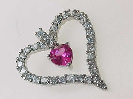 Vintage PINK and WHITE Cubic Zirconia HEART Pendant in Sterling Silver - £30.37 GBP