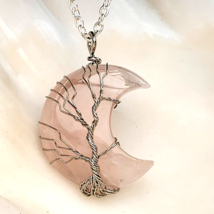 Tree of life rose Quart Moon Pendant 20&quot; Necklace Crescent Wire Wrap Jewellery - £7.20 GBP