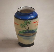 Vintage Fine Bone China Bud Vase Cobalt Blue w Orange Sailboat Shadow Box Japan - £11.59 GBP