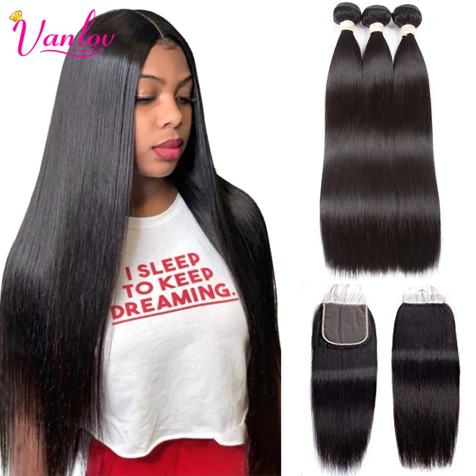 Vanlov Straight Hair Bundles With Closure Brazilian Hair Weave 3/4 Bundles With - £77.04 GBP+