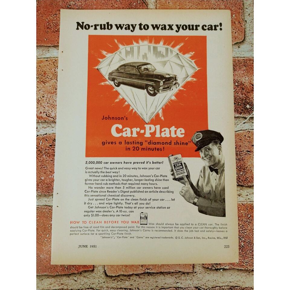 1951 Johnson's Car-Plate Wax - Original Vtg PRINT AD - $19.79