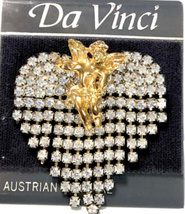 Vintage Da Vinci Jewelry Brooch Pin Dangling Heart Cherub Austrian Crystals - $32.95