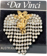 Vintage Da Vinci Jewelry Brooch Pin Dangling Heart Cherub Austrian Crystals - £25.91 GBP