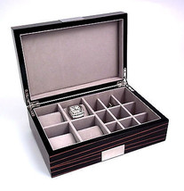 Bey Berk Lacquered &quot;Ebony&quot; Burl Wood Valet Box Stainless Steel Accents  - $165.95