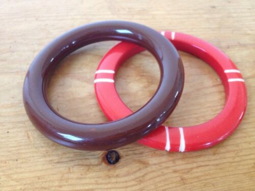 Primary image for Pair Vintage 60s Colorful Cherry Red Brown Lucite Celluloid Mod Bangle Bracelets