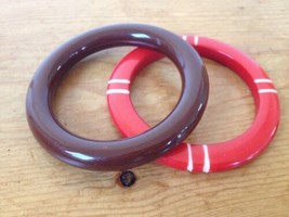 Pair Vintage 60s Colorful Cherry Red Brown Lucite Celluloid Mod Bangle B... - $36.99
