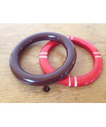 Pair Vintage 60s Colorful Cherry Red Brown Lucite Celluloid Mod Bangle B... - £29.09 GBP