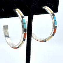 NASTACIO sterling silver hoop earrings - vtg Zuni turquoise coral onyx MOP inlay - $110.00