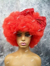 Red Mega Afro Clown Wig w/ Bow Big Super Frizzy Creepy Psycho Circus Hobo Unisex - £13.32 GBP
