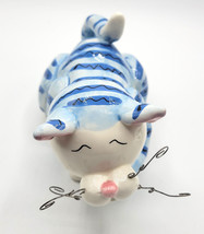 Ceramic Cartoon Kitty Cat Figurine with Wire Whiskers Blue Stripes 7&quot; Long - $30.99