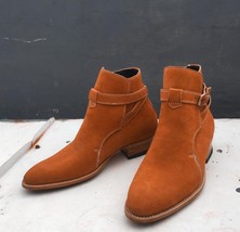 Handmade men&#39;s camel brown suede leather ankle strap boots US 5-15 - £117.98 GBP+