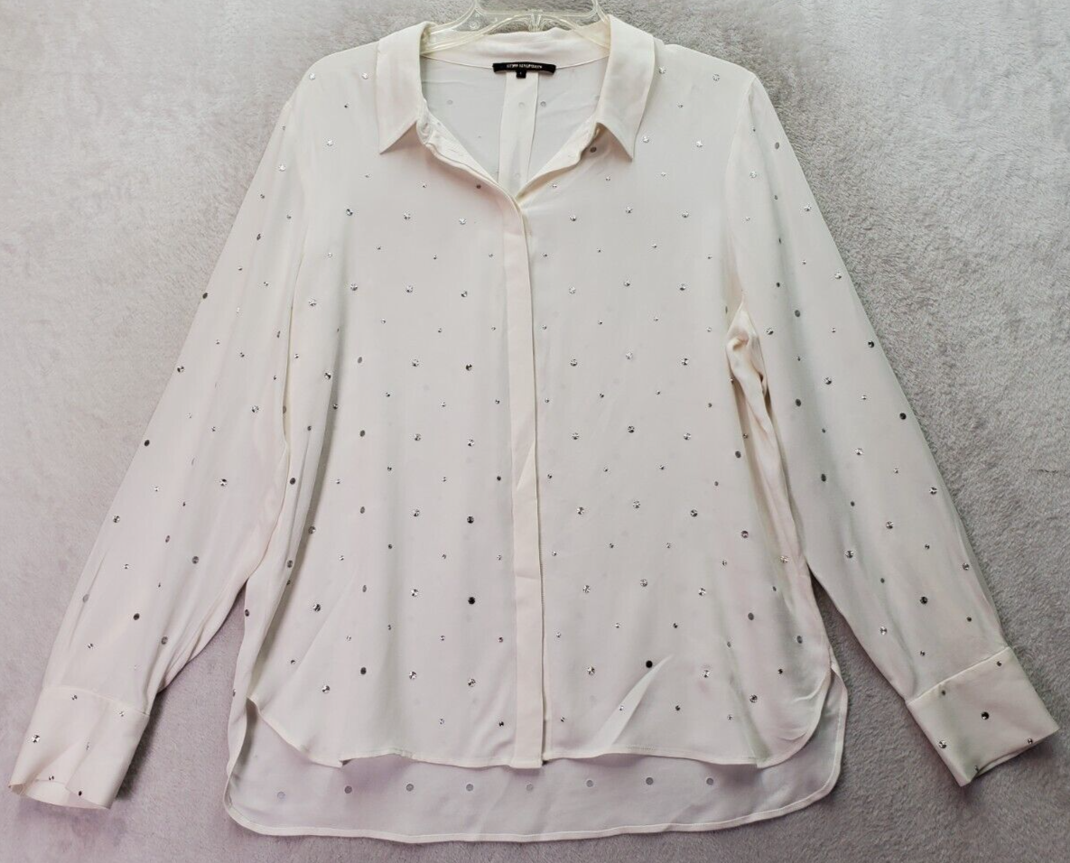 Kobi Halprin Blouse Top Women Large White Rhinestone High Low Collar But... - $94.96