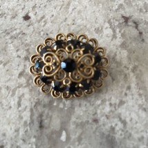 Goldtone Black Stone Rhinestone Pin Vtg Jewelry Swirls Brooch 1 1/2 Inches - £8.39 GBP