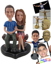 Personalized Bobblehead Couple Sitting On Bench Wearing Casual Outfit Ready For  - £186.96 GBP