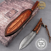 New Unique Handmade Damascus Steel Feather Knife Fixed Blade Hunting With Sheath - £100.01 GBP