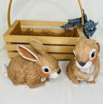 2 Bunny Rabbit Figurine Ceramic Mold Hand Painted Easter Spring With Basket - £39.54 GBP