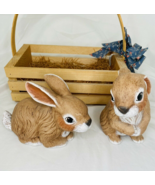 2 Bunny Rabbit Figurine Ceramic Mold Hand Painted Easter Spring With Basket - £39.50 GBP